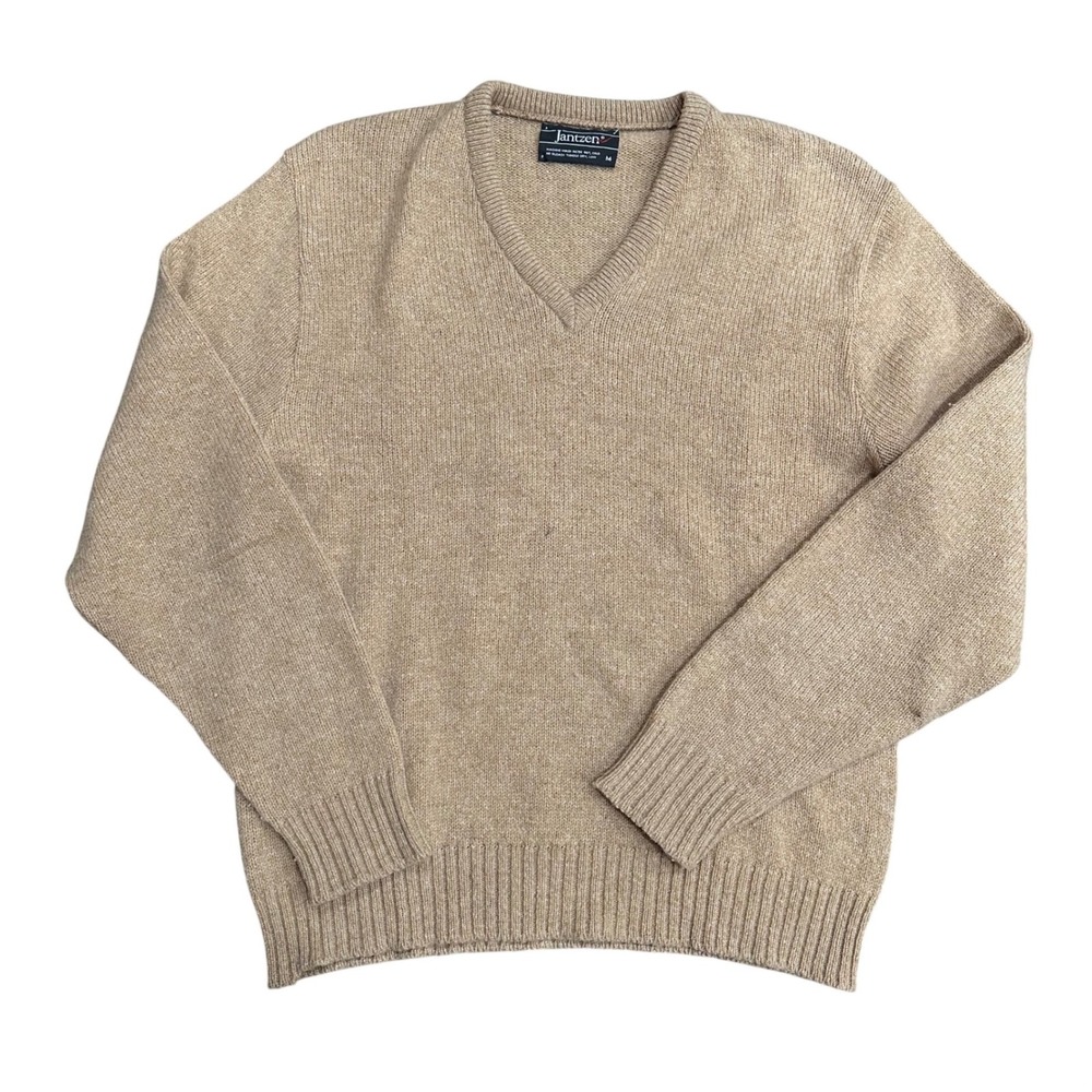 Vintage Jantzen Womens V-Neck Sweater Camel Tan Knit Size M Long Sleeve Classic